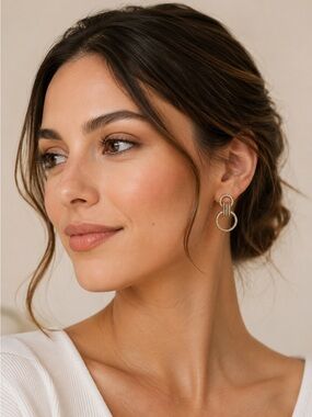 Sparkling Gold Double Circle Earrings With Post Back